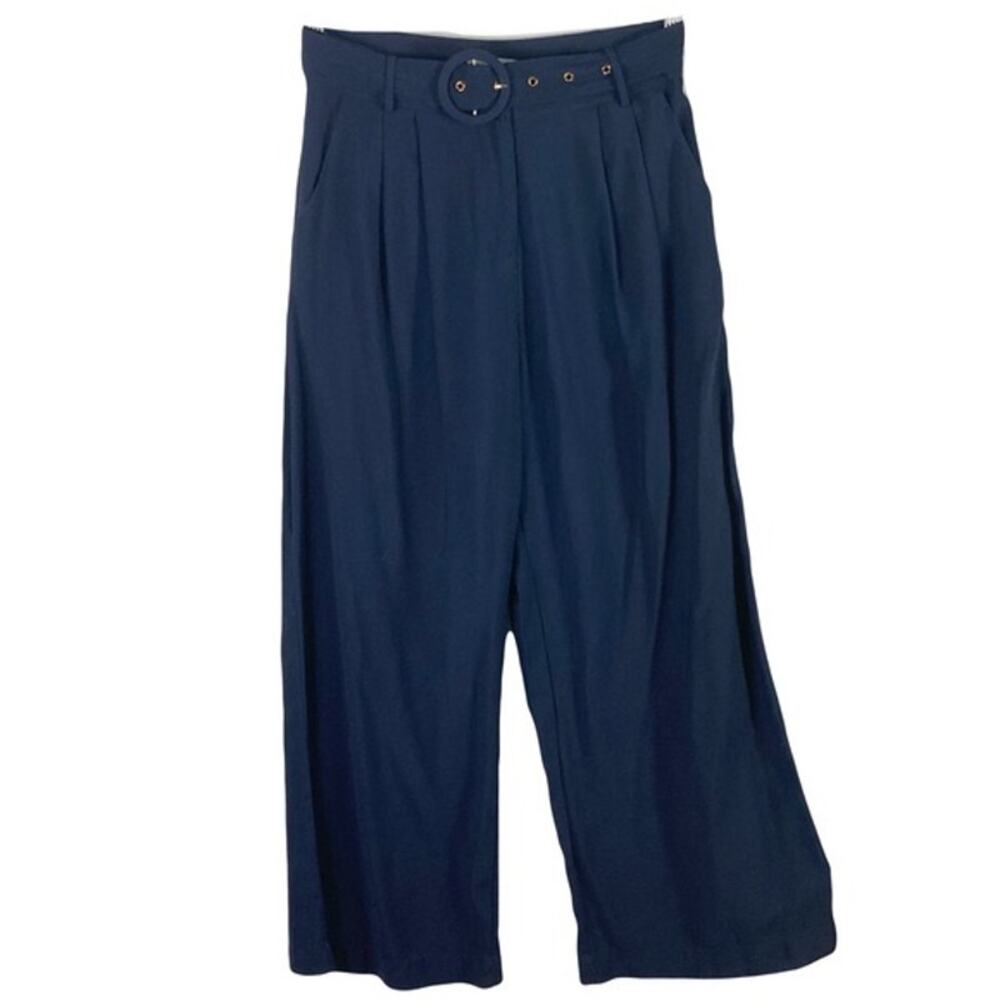 nwot OASIS Pants women UK10/US 6 Navy Wide Flare Pleated High-Wait Belt Pocket
